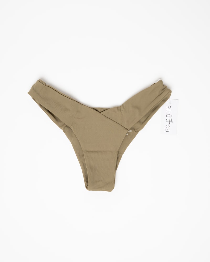 Front of a size L Olivia Bikini Bottom in Olive by Gold Elite Apparel. | dia_product_style_image_id:284769